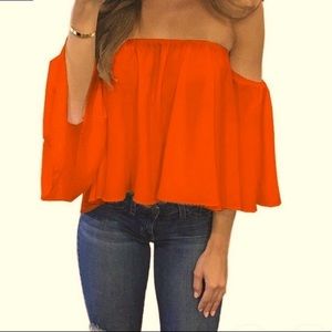 Tangerine Off-the-Shoulder Chiffon Top
